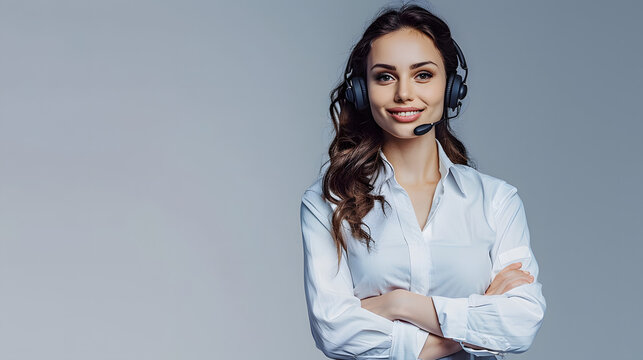 Young friendly operator woman agent with headsets standing near gray background. Call Center Service. Photo of customer support or sales agent in smart casual wear with crossed arms.
