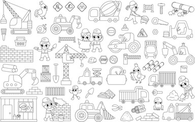 Black and white vector construction site and road work set. Building line icons collection with funny kid builders, transport, bulldozer, tractor, truck, crane. Cute repair service coloring page