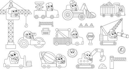 Black and white vector special transport set with drivers. Construction site, road work, transport line icons, coloring page with bulldozer, tractor, truck, crane. Repair service vehicles.