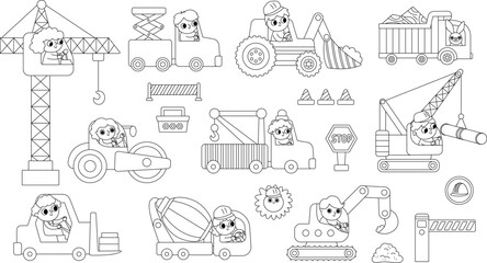 Black and white vector special transport set with drivers. Construction site, road work, transport line icons, coloring page with bulldozer, tractor, truck, crane. Repair service vehicles.