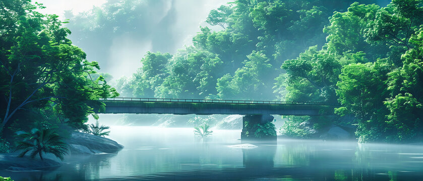 Misty morning by a forest lake, early light casting a magical glow over tranquil waters and autumn foliage