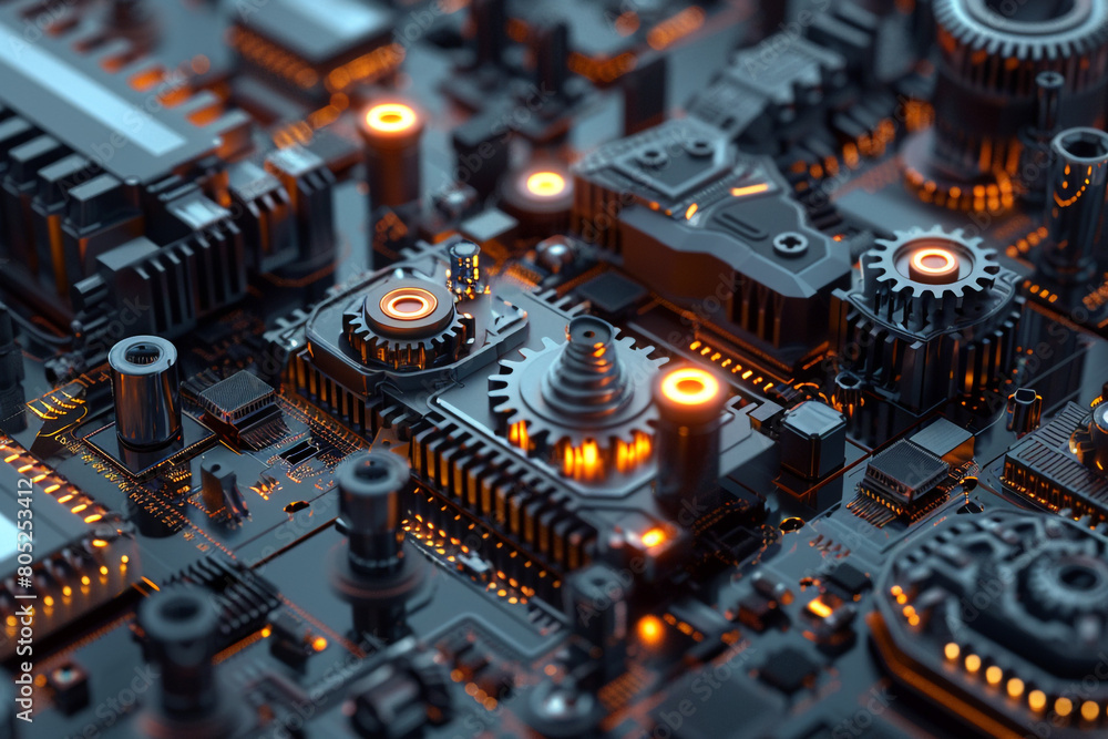 Poster nano-technology gears and circuits, showcasing the intricate design of future machines