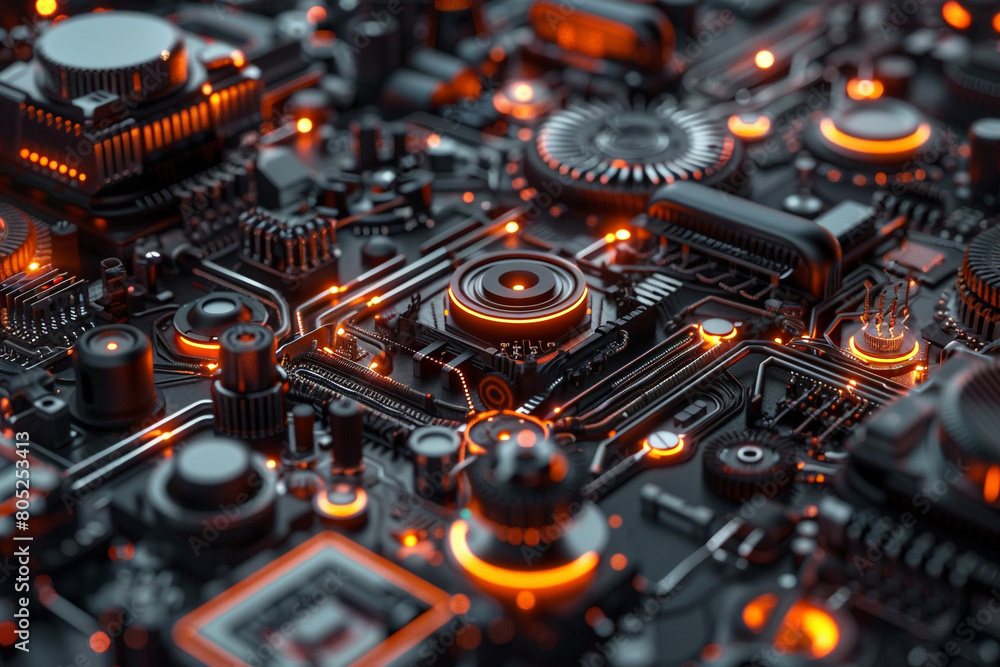 Poster nano-technology gears and circuits, showcasing the intricate design of future machines