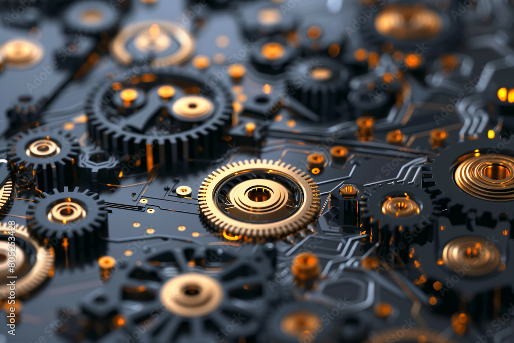 Poster nano-technology gears and circuits, showcasing the intricate design of future machines