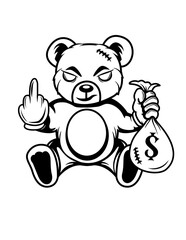 Angry Teddy with Money Bag | Hipster | Bandit Middle Finger | Gangster Bear | Zoo Animal | Hooligan Bad Goon | Money Bag | Original Illustration | Vector and Clipart | Cutfile and Stencil