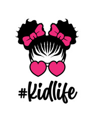 Afro Kid Life | Messy Bun Hair | Afro Kid with Heart Glasses | Hair Bun | #Kidlife | Hair style | Daughter Pink Ribbon | Original Illustration | Vector and Clipart | Cutfifle and Stencil