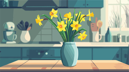 Vase with narcissus flowers on table in kitchen vector