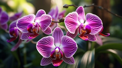 Exotic orchid blooms in a variety of shapes and colors, showcasing the diversity and beauty of this...
