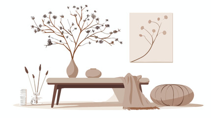 Vase with tree branches soft bench and pouf on white