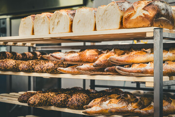 Freshly baked bread in a shelf cart in a bakery