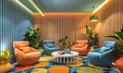 interior design of a living room with a color palette of blue and orange with green accents. The walls are blue with wooden slats. There are velvet armchairs and a coffee table with a white metal fram