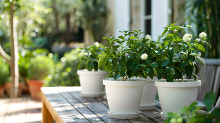 Flowerpots with pepper trees on wooden table outdoors