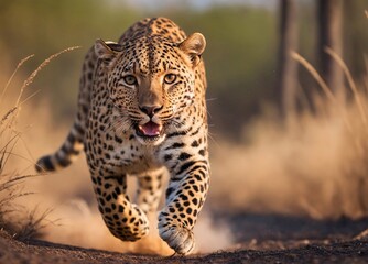  A Leopard’s Hunt. In the heart of the savannah, a leopard, the embodiment of stealth and grace, prowls in the golden light. Its spotted coat merges with the tall grass, as it prepares for the hunt.