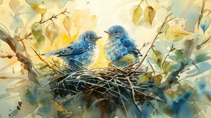 A watercolor painting of two blue birds in a nest.