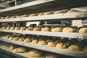 Bread blanks on large baking sheets, prepared for baking in a bakery