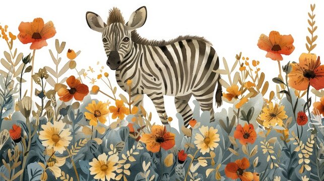 A watercolor painting of a zebra foal standing in a field of flowers. The foal is in the center of the image, and the flowers are all around it. The foal is looking at the viewer.