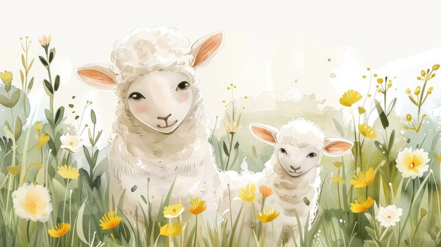 A watercolor painting of two sheep standing in a field of flowers.