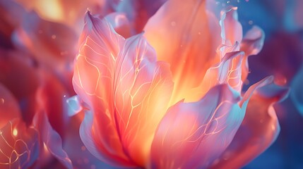 Macro shot of a blooming tulip, with intricate details of its petals and vibrant hues illuminated by soft diffused light.