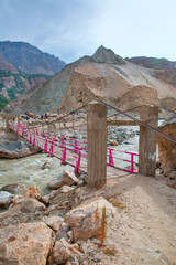 Nagar river and beautiful mountains landscape in Nagar, Gilgit Baltistan, Pakistan. 