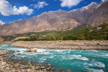 Nagar river and beautiful mountains landscape in Nagar, Gilgit Baltistan, Pakistan. 