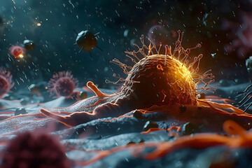 An illustration where immune cells besiege a cancer cell is shown. - obrazy, fototapety, plakaty