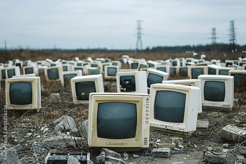 Poster outdated computer monitors in a landfill, highlighting the environmental cost of tech progress