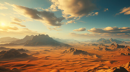A Desert Golden Sand Dune Sunrise Mountains Clouds Landscape