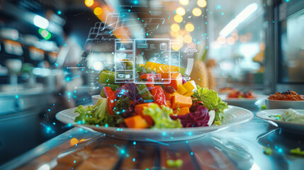 A colorful salad plate of fresh fruits and vegetables, displayed with smart digital overlays in a high-tech kitchen environment.
