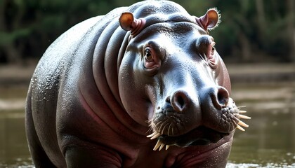 A Hippopotamus With Its Tusks Gleaming Looking Fo