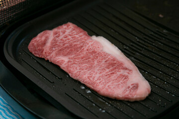 Premium Japanese Wagyu beef in the city of Kobe in Japan.