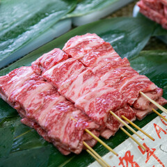 Premium Japanese Wagyu beef in the city of Kobe in Japan.