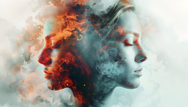 An abstract representation of dissociative identity disorder, depicting the complexity and fragmentation of the mind due to trauma and its impact on one's sense of identity and consciousness.