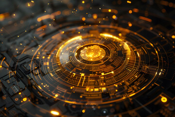 Golden science background. AI brain algorithms, machine learning connected in a network.
Golden shine effect, particles present data flow and computational power, in a dark digital environment bg.