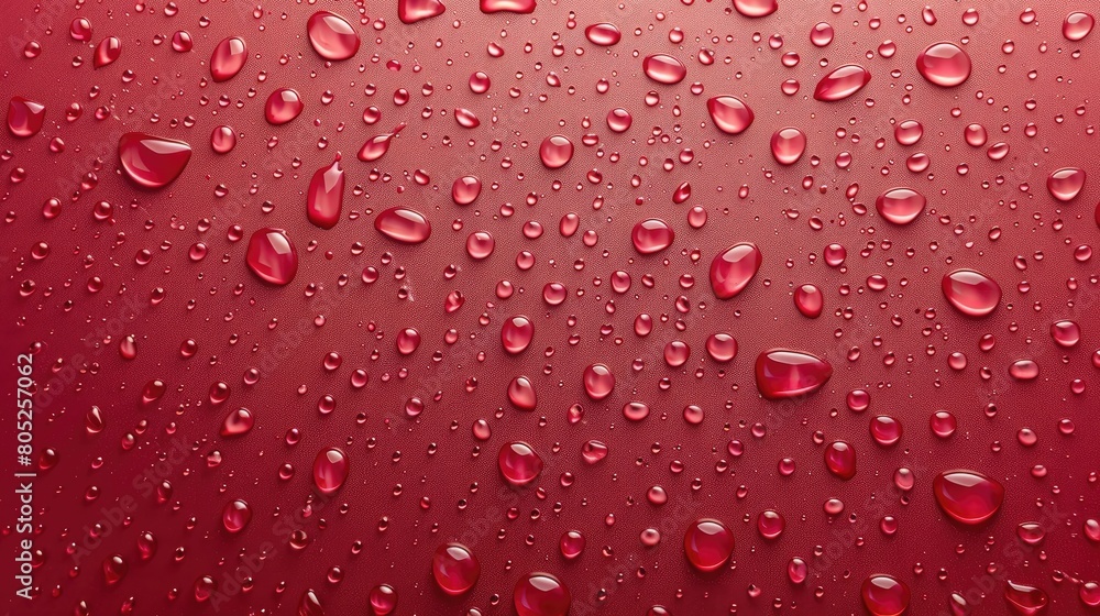 Poster a close up of a red surface with many drops of water on it. the drops are small and scattered, creat