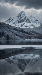 Frozen Beauty, Snowy Peaks Embracing a Lake, Clouds Painting the Sky in Shades of Grey.