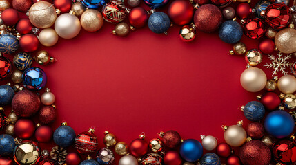 Frame made of beautiful Christmas balls on red background
