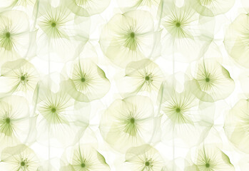Seamless pattern. Flowers in soft shades of green and white, ethereal and dreamy, Xray style. High resolution. AI generated