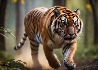 Obraz premium A majestic tiger, the embodiment of stealth and power, stalks through the dense jungle. Its muscles tense, eyes focused, it is the epitome of nature’s relentless hunt. 