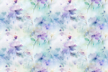 Seamless abstract double exposure of blue and purple flowers, light green background ethereal dreamy soft focus delicate pastel colors watercolor painting style. High resolution