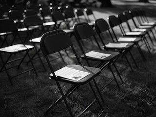 Empty chairs with programs laid out.