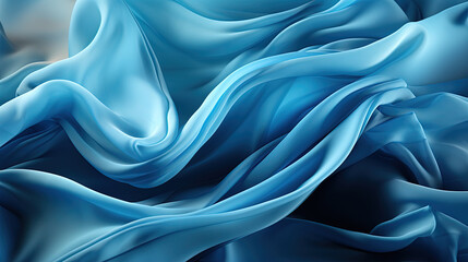 Fototapeta premium Heavenly Fluttering Blue Color Silk Fabric in Space With Delicate Folds on Focus on Foreground