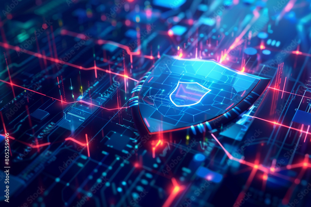 Poster personal data security visualized through futuristic vectors, privacy shield on digital background