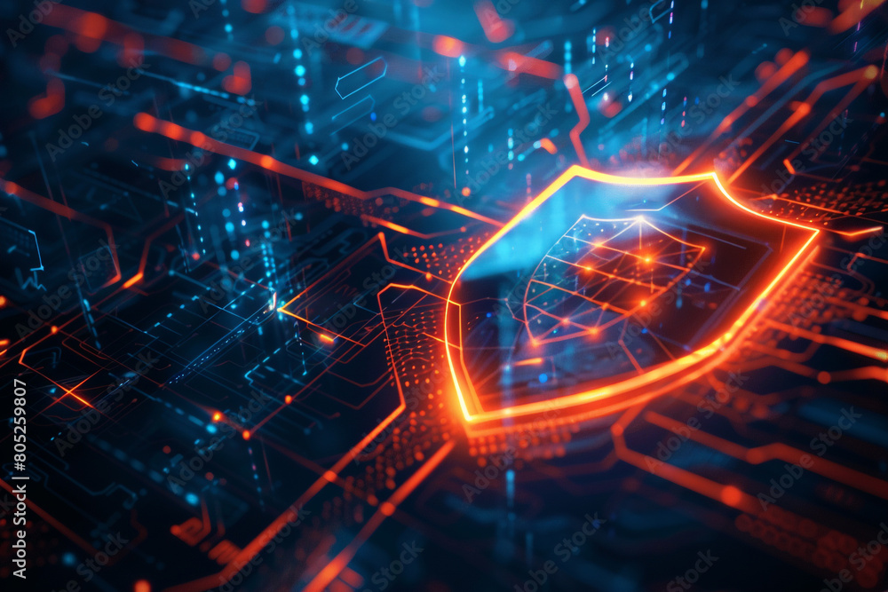 Poster personal data security visualized through futuristic vectors, privacy shield on digital background