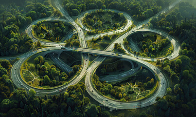 Aerial view of a multi-level highway interchange with curving ramps. Generate AI