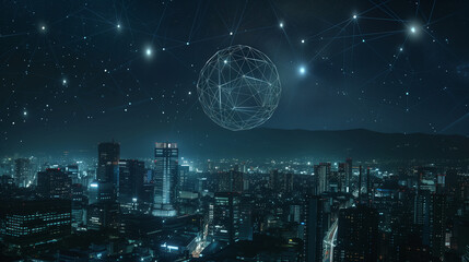 Obraz premium Cityscape Overlaid with a Digital Network and Glowing Lights at Night