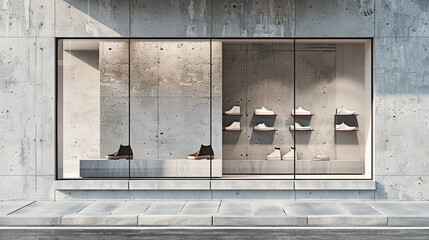 A minimalist shoes shop exterior with a concrete facade and a single, large window display of minimalist shoes