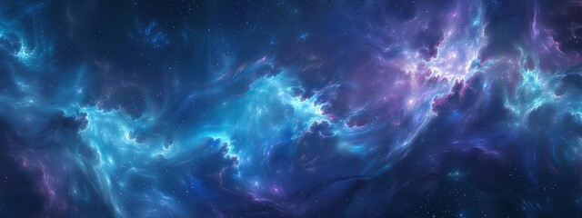 Fototapeta premium A digital art of a starry sky, with swirling clouds and vibrant blue hues representing the vastness of space. The stars form intricate patterns in shades of purple.