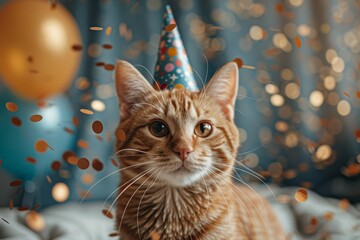 An adorable ginger tabby cat dons a festive party hat, surrounded by a cascade of colorful confetti and balloons, ready to celebrate