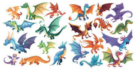Flying dragon fairy tail dragon fairy birds creatures wings. Magical legends animals or creatures flying wing modern illustration set.