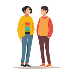 Fototapeta premium Two animated characters standing side side, male female, casual clothing, smiling, friendly posture, colorful attire. Young adult cartoon figures, male brown hair wearing orange sweater, female